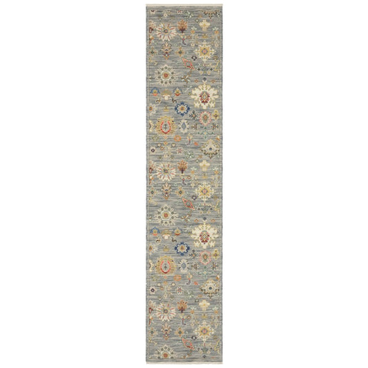 12' Gray And Ivory Genuine Wool Oriental Runner Rug With Fringe