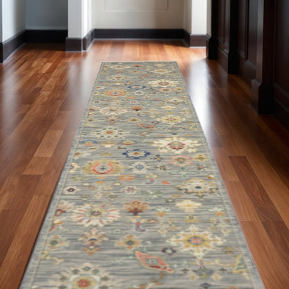12' Gray And Ivory Genuine Wool Oriental Runner Rug With Fringe