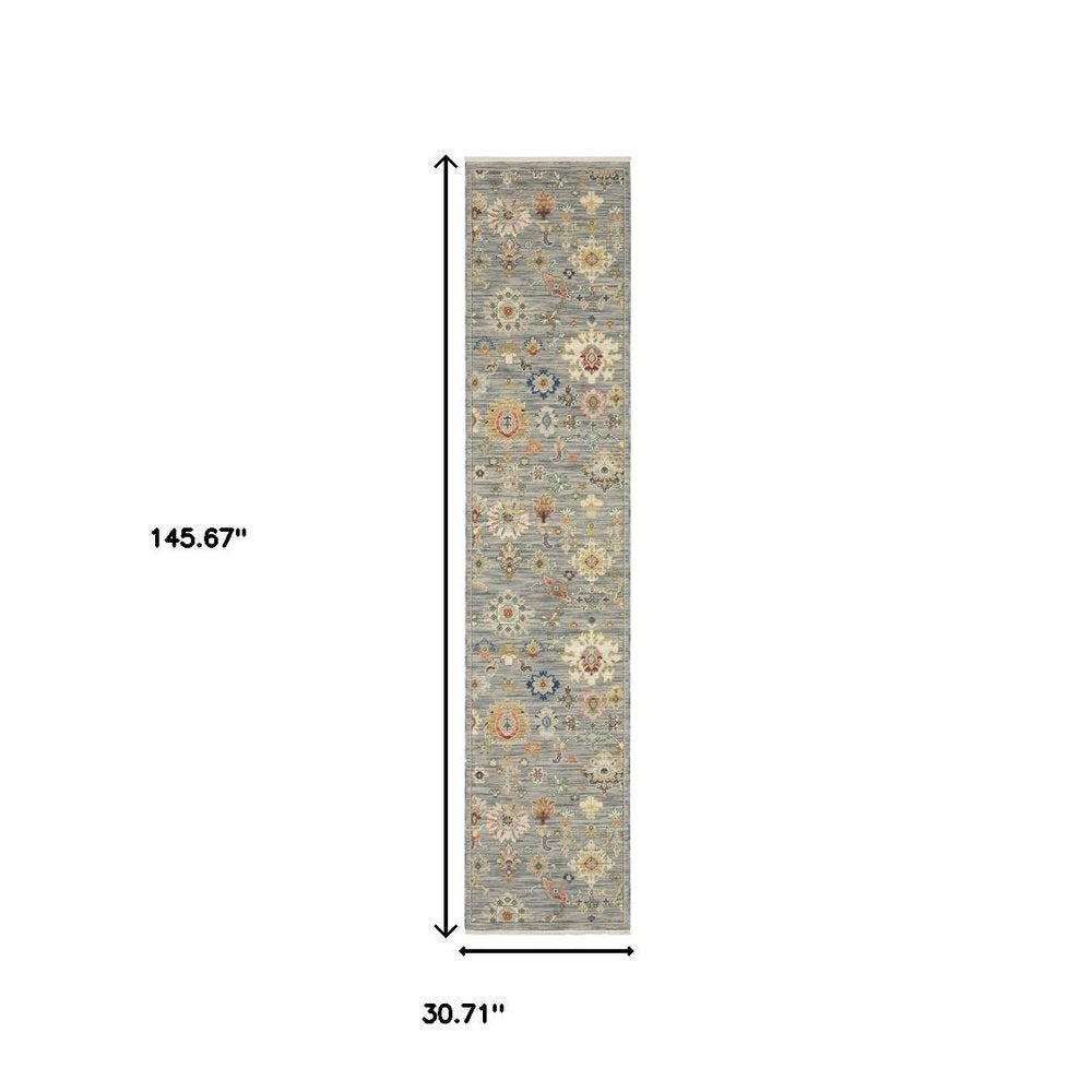 12' Gray And Ivory Genuine Wool Oriental Runner Rug With Fringe