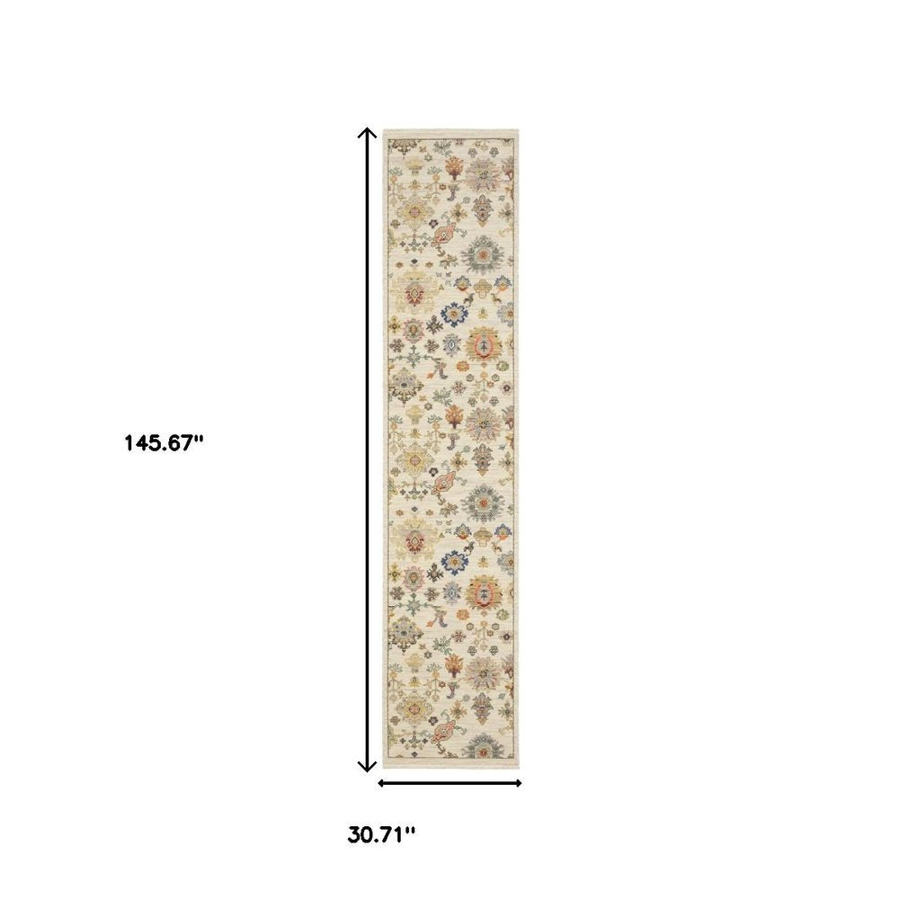 12' Blue And Ivory Genuine Wool Oriental Runner Rug With Fringe