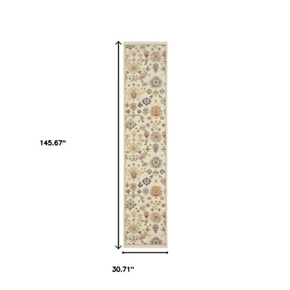 12' Blue And Ivory Genuine Wool Oriental Runner Rug With Fringe