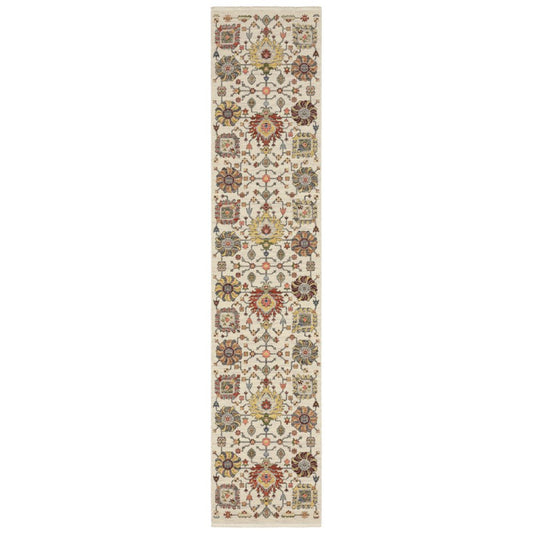 12' Gray And Ivory Genuine Wool Oriental Runner Rug With Fringe