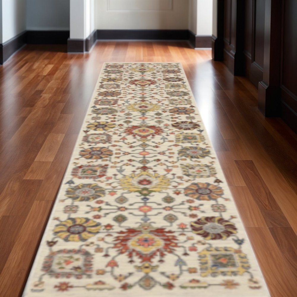 12' Gray And Ivory Genuine Wool Oriental Runner Rug With Fringe