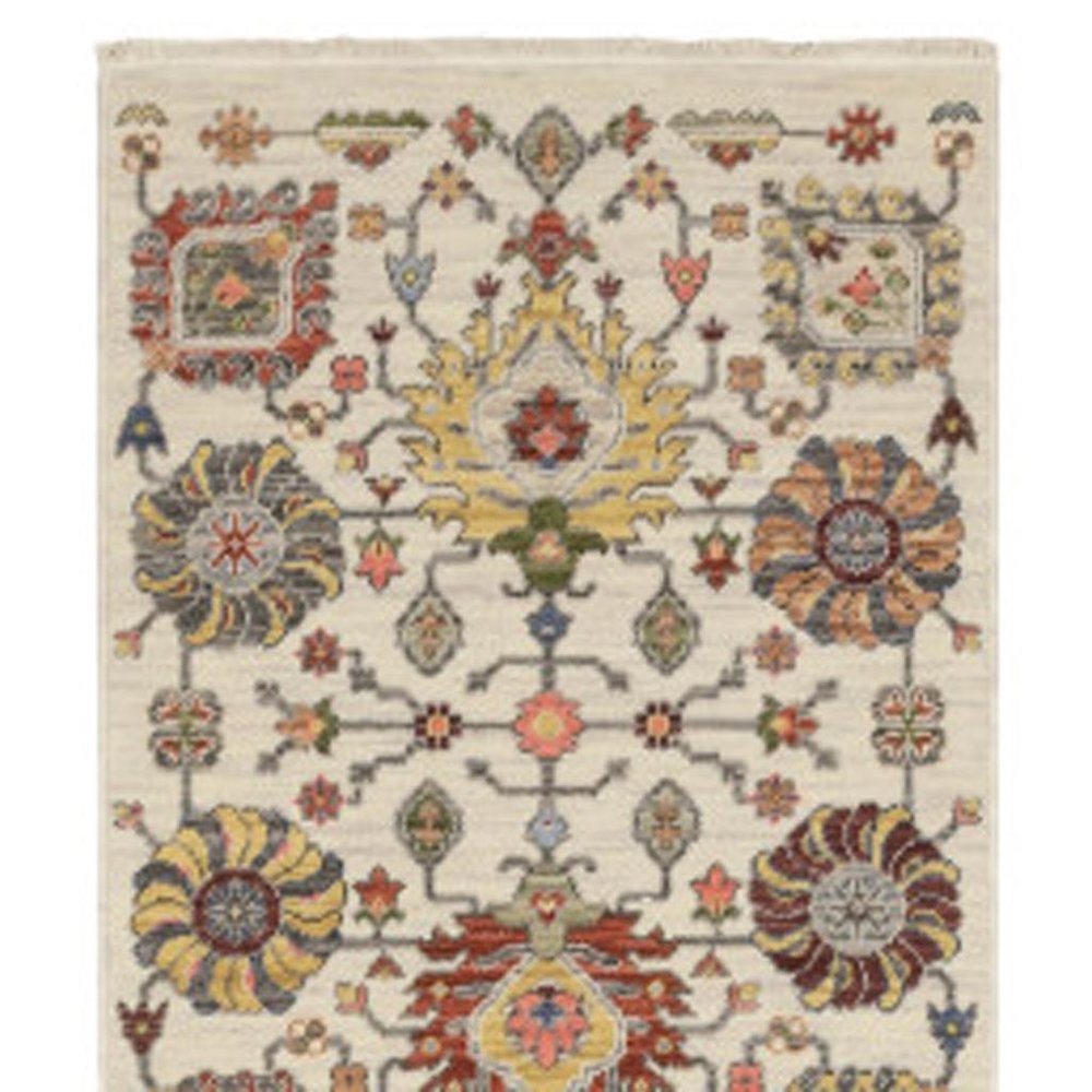 12' Gray And Ivory Genuine Wool Oriental Runner Rug With Fringe