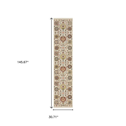 12' Gray And Ivory Genuine Wool Oriental Runner Rug With Fringe