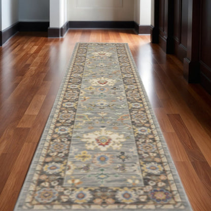 12' Blue And Gray Genuine Wool Oriental Runner Rug With Fringe