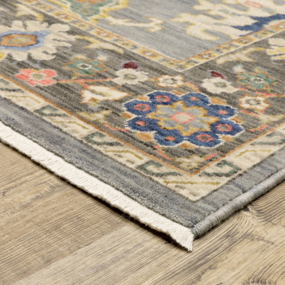 12' Blue And Gray Genuine Wool Oriental Runner Rug With Fringe