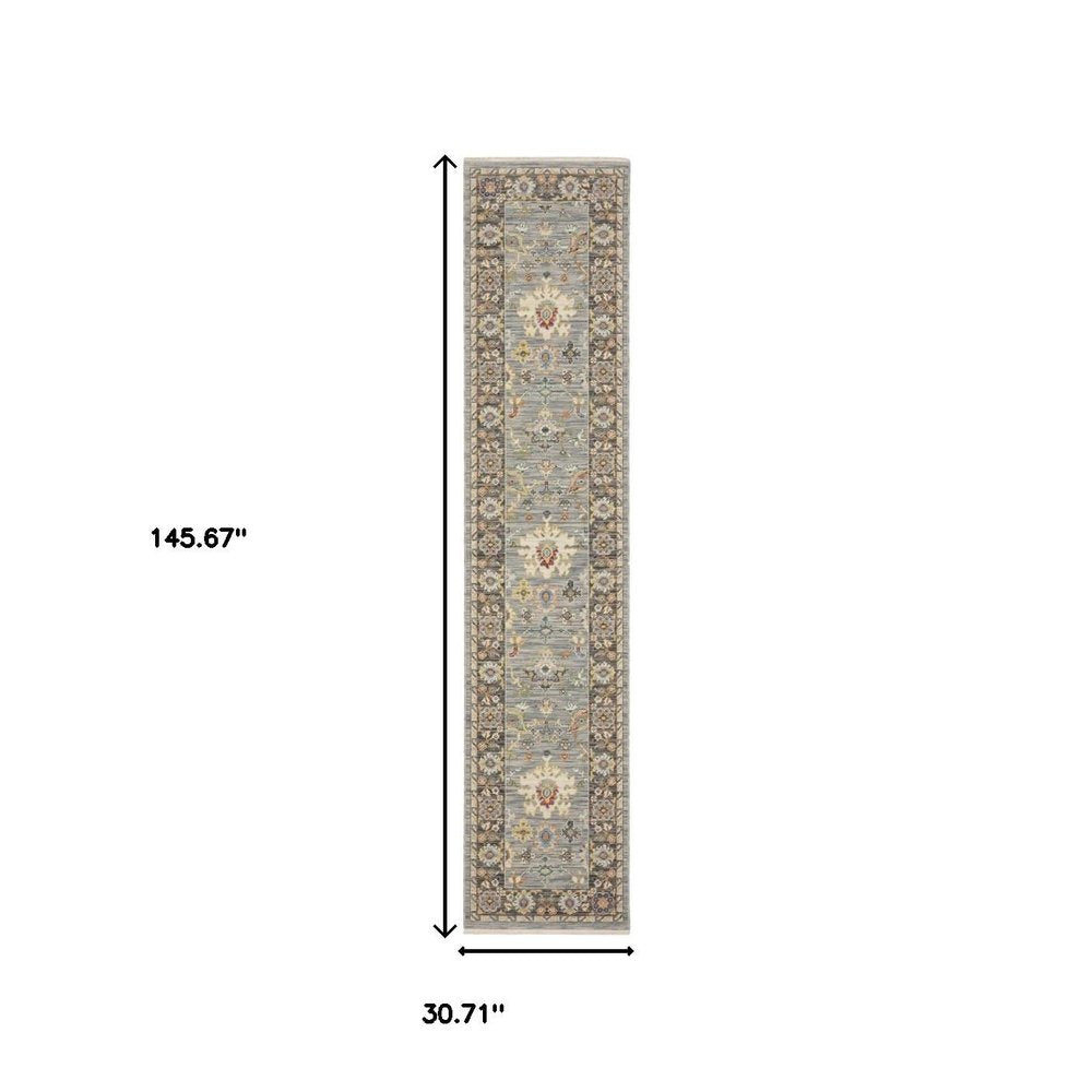 12' Blue And Gray Genuine Wool Oriental Runner Rug With Fringe