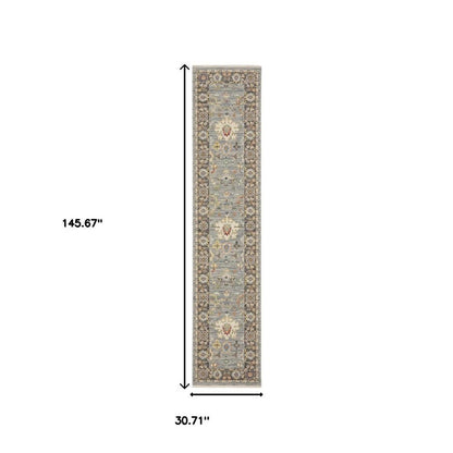 12' Blue And Gray Genuine Wool Oriental Runner Rug With Fringe