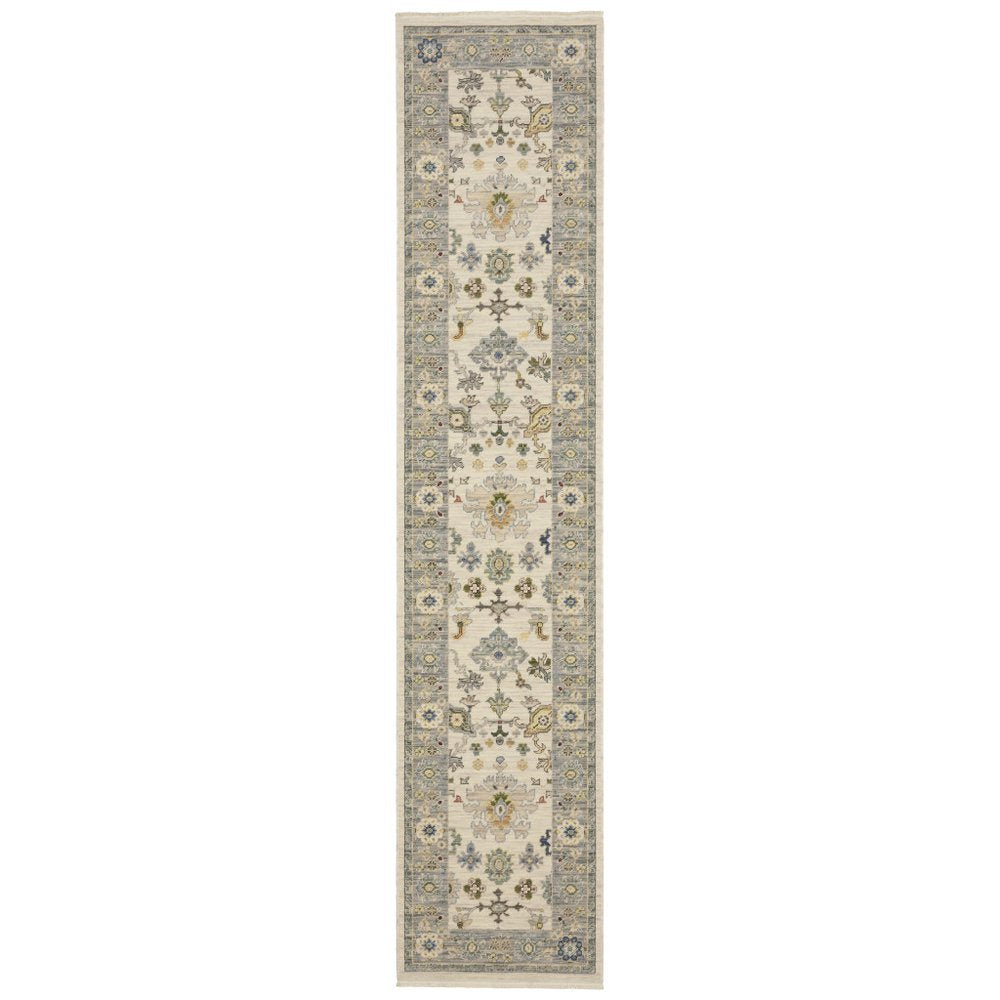 12' Blue And Ivory Genuine Wool Oriental Runner Rug With Fringe