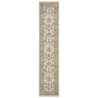 12' Blue And Ivory Genuine Wool Oriental Runner Rug With Fringe