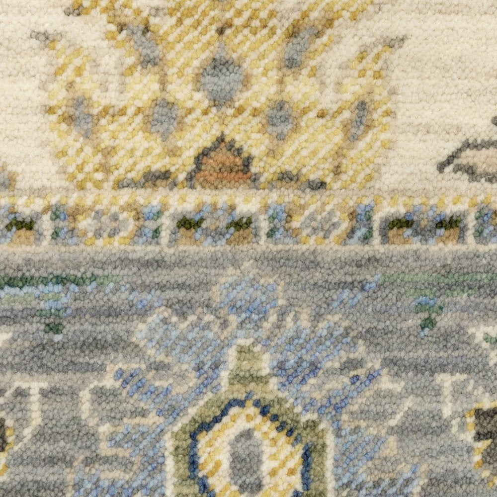 12' Blue And Ivory Genuine Wool Oriental Runner Rug With Fringe