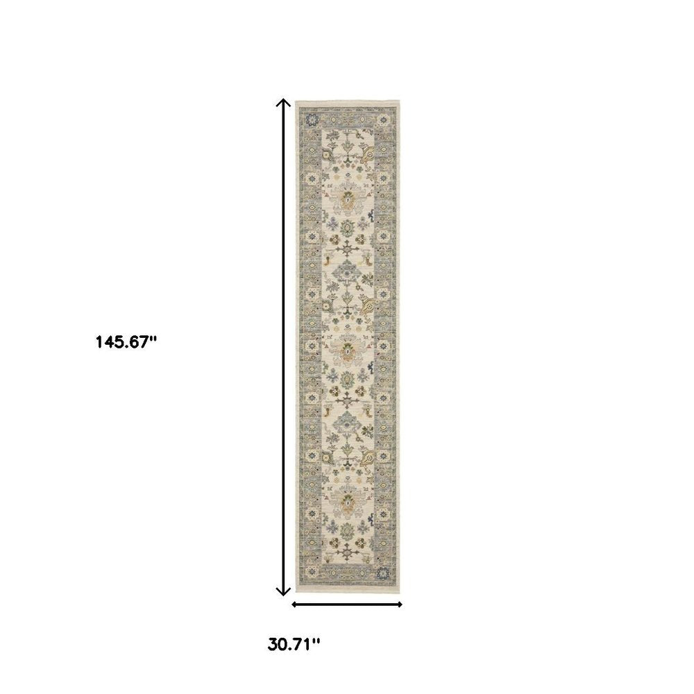 12' Blue And Ivory Genuine Wool Oriental Runner Rug With Fringe