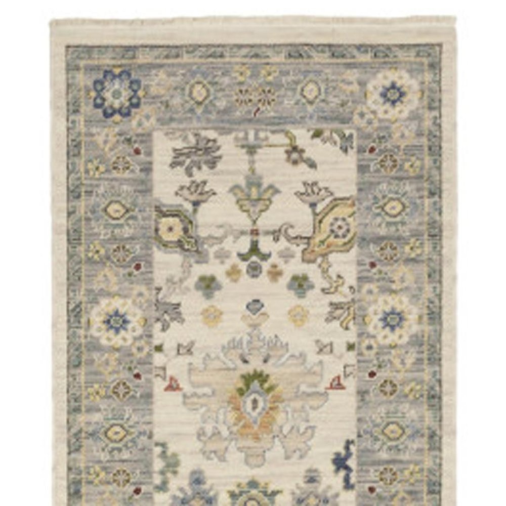 12' Blue And Ivory Genuine Wool Oriental Runner Rug With Fringe