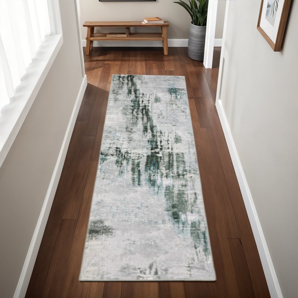2' X 8' Silver Grey Teal Blue And Charcoal Abstract Printed Stain Resistant Non Skid Runner Rug