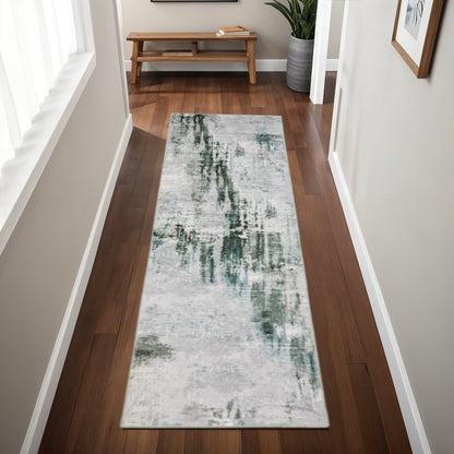 2' X 8' Silver Grey Teal Blue And Charcoal Abstract Printed Stain Resistant Non Skid Runner Rug