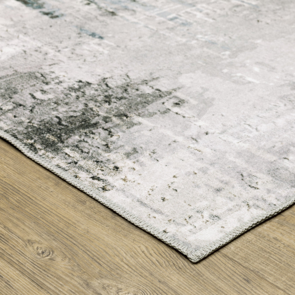 2' X 8' Silver Grey Teal Blue And Charcoal Abstract Printed Stain Resistant Non Skid Runner Rug