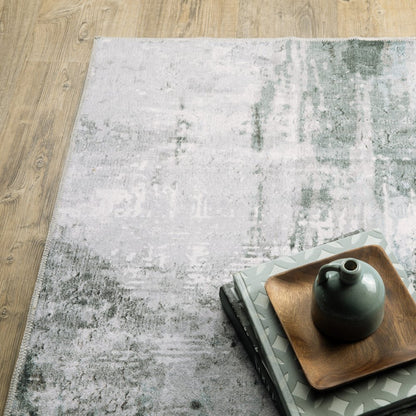 2' X 8' Silver Grey Teal Blue And Charcoal Abstract Printed Stain Resistant Non Skid Runner Rug