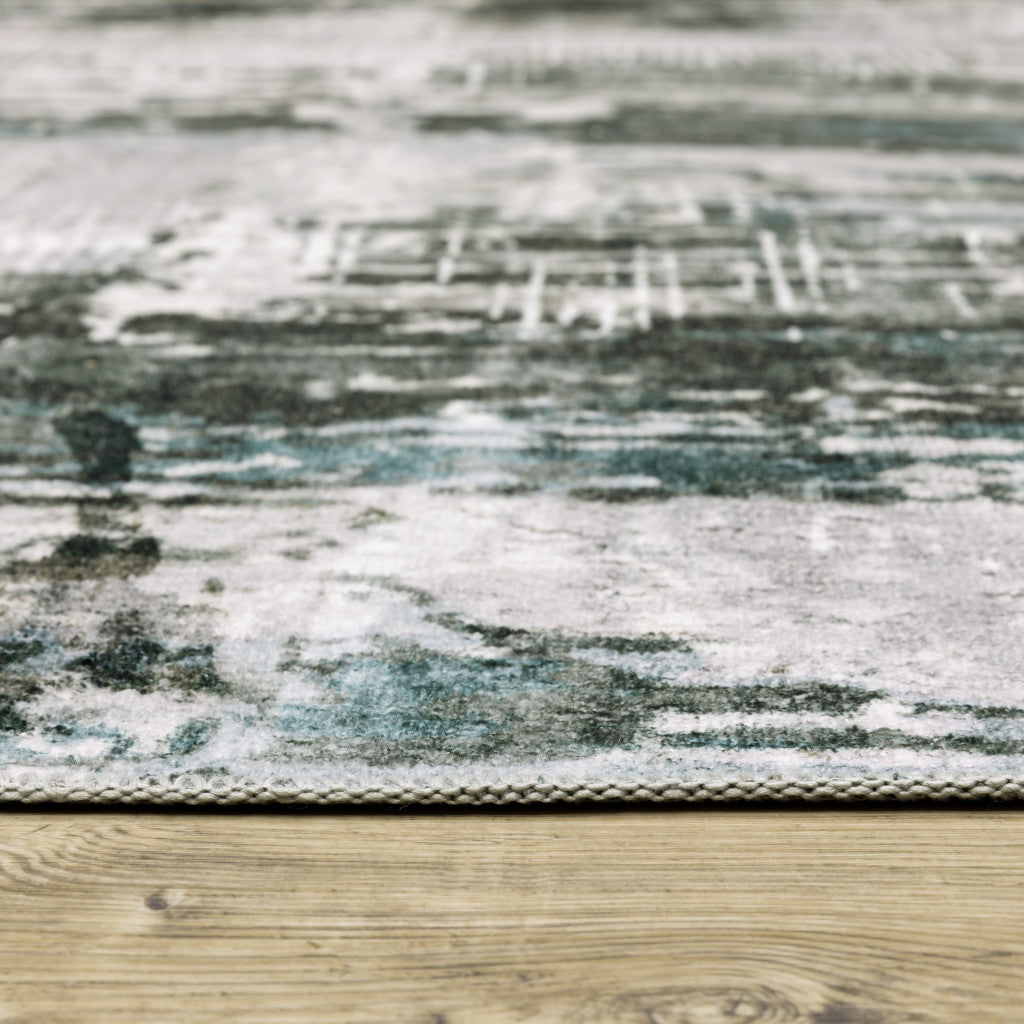 8' X 10' Silver Grey Teal Blue And Charcoal Abstract Printed Stain Resistant Non Skid Area Rug