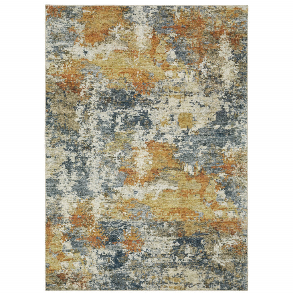 2' X 3' Teal Blue Orange Gold Grey Tan Brown And Beige Abstract Printed Stain Resistant Non Skid Area Rug