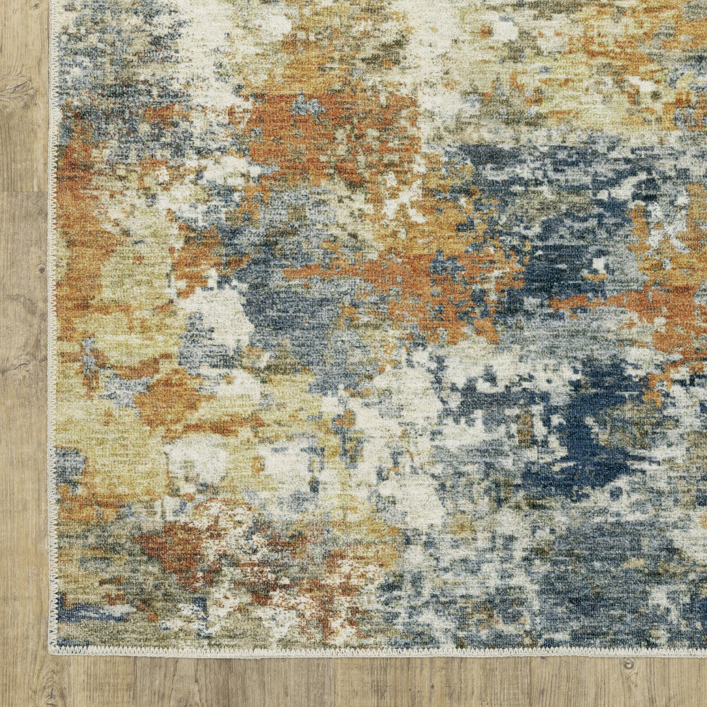 2' X 3' Teal Blue Orange Gold Grey Tan Brown And Beige Abstract Printed Stain Resistant Non Skid Area Rug
