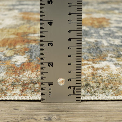 2' X 3' Teal Blue Orange Gold Grey Tan Brown And Beige Abstract Printed Stain Resistant Non Skid Area Rug