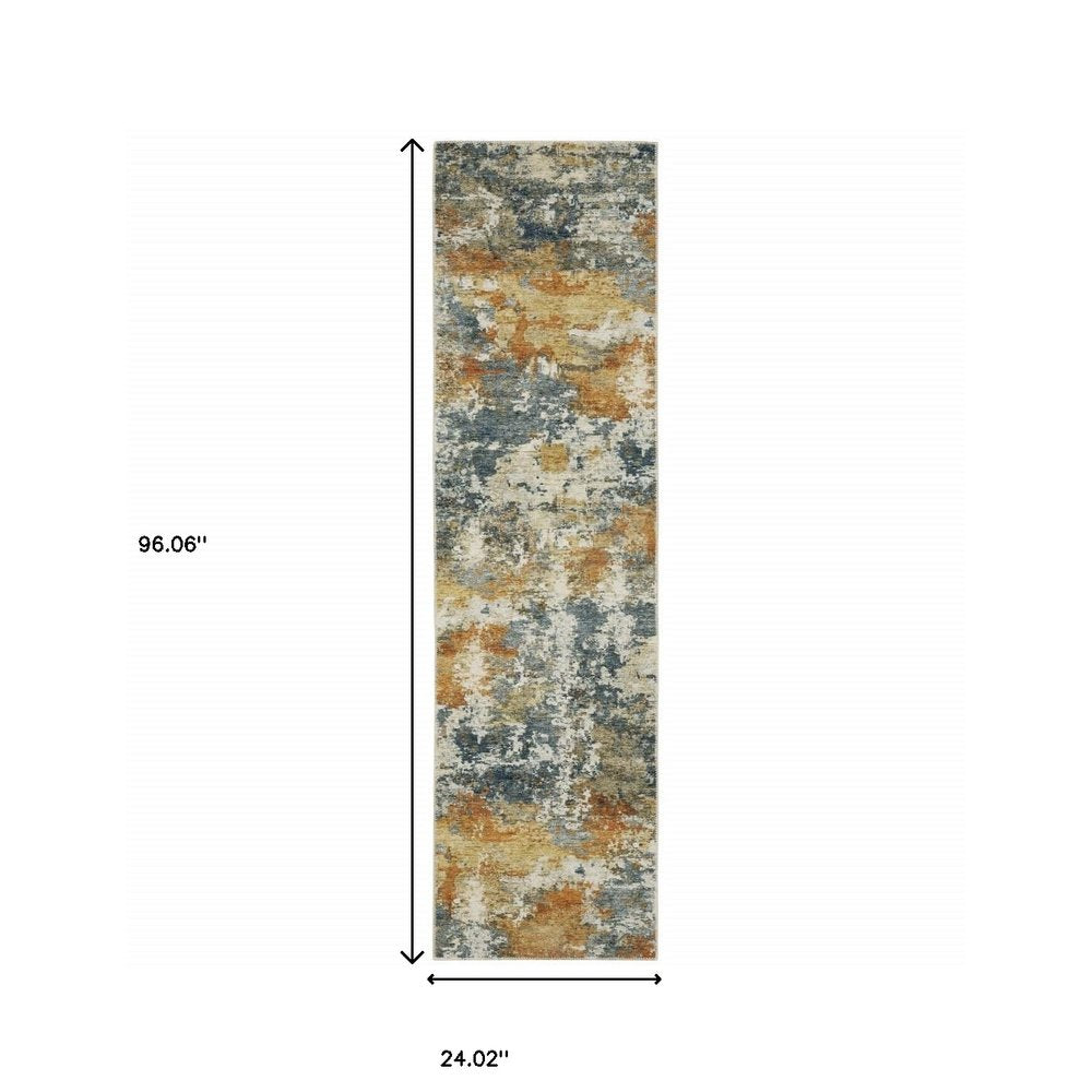 2' X 8' Teal Blue Orange Gold Grey Tan Brown And Beige Abstract Printed Stain Resistant Non Skid Runner Rug