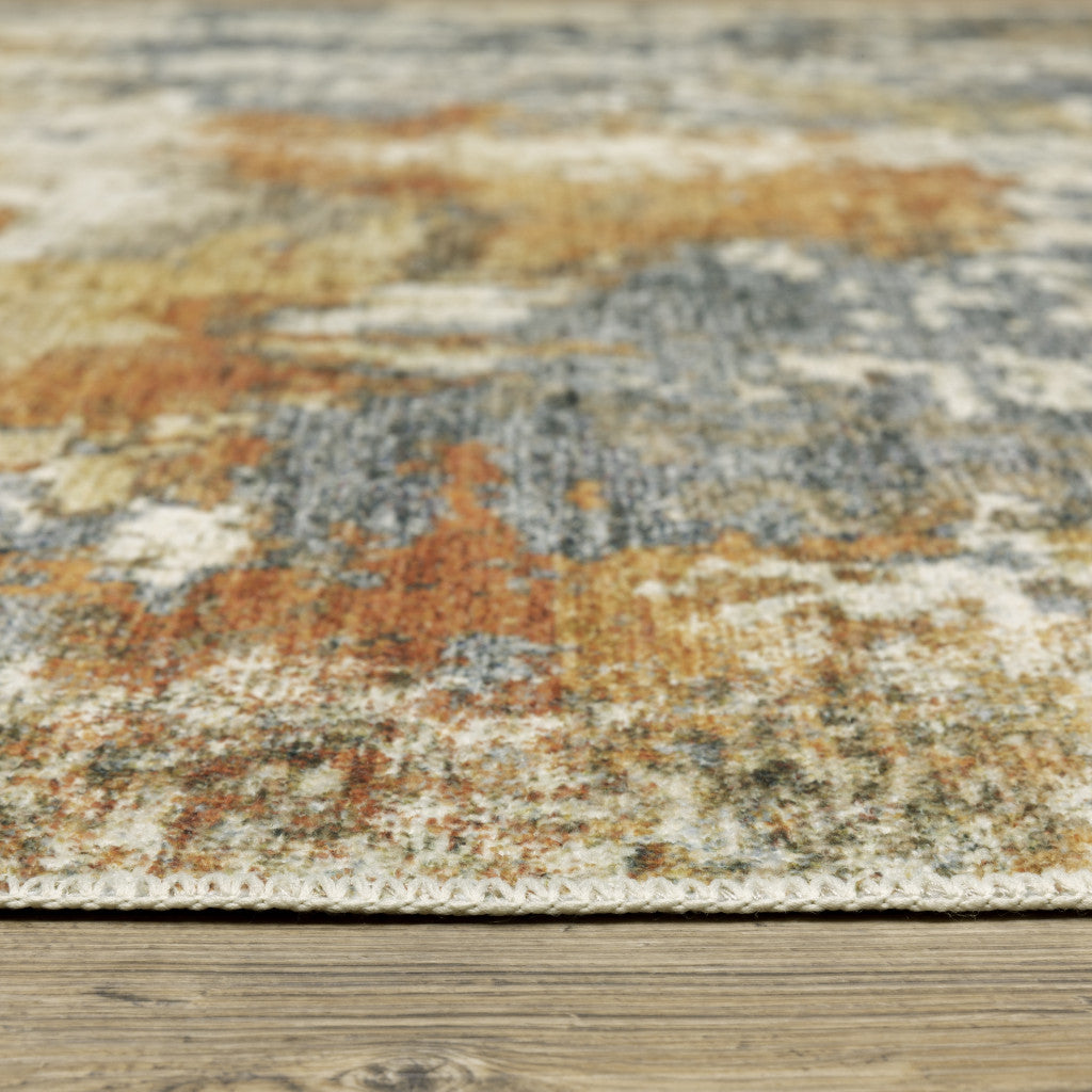 4' X 6' Teal Blue Orange Gold Grey Tan Brown And Beige Abstract Printed Stain Resistant Non Skid Area Rug