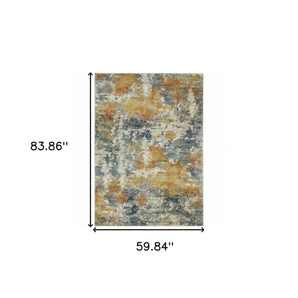 5' X 7' Teal Blue And Gold Abstract Distressed Area Rug