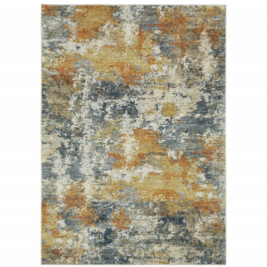 5' X 7' Teal Blue Orange Gold Grey Tan Brown And Beige Abstract Printed Stain Resistant Non Skid Area Rug