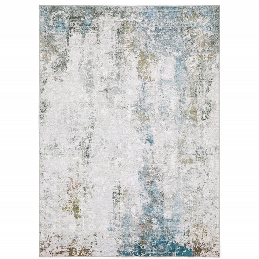 5' X 7' Ivory Teal Blue Grey Brown And Gold Abstract Printed Stain Resistant Non Skid Area Rug