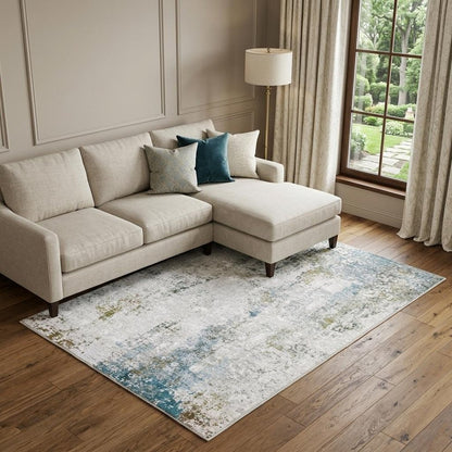 8' X 10' Ivory and Blue Abstract Non Skid Area Rug