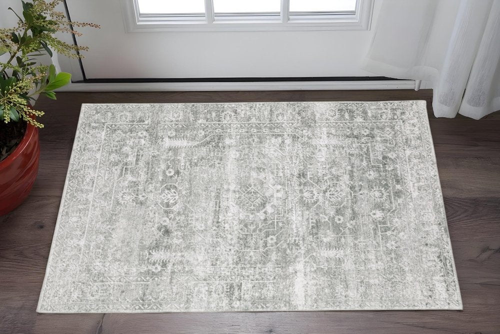 2' X 3' Sage Green Grey Ivory And Silver Oriental Printed Stain Resistant Non Skid Area Rug