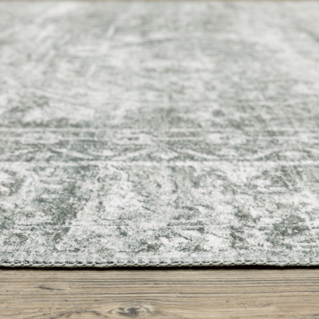 2' X 3' Sage Green Grey Ivory And Silver Oriental Printed Stain Resistant Non Skid Area Rug