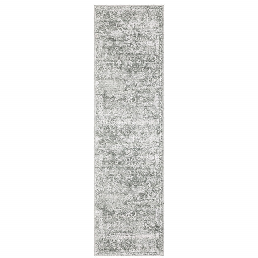 2' X 8' Gray And Ivory Oriental Printed Stain Resistant Non Skid Runner Rug