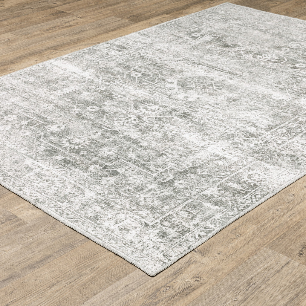 4' X 6' Sage Green Grey Ivory And Silver Oriental Printed Stain Resistant Non Skid Area Rug