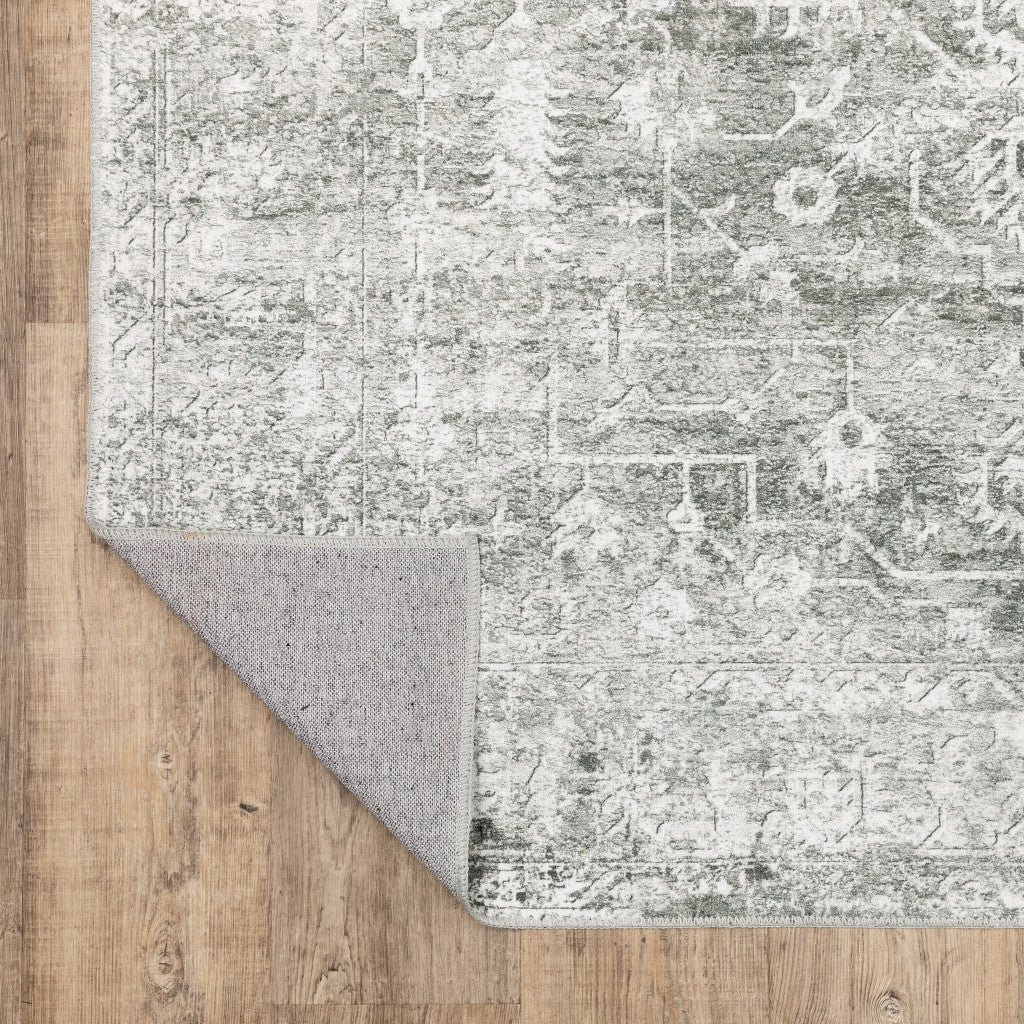 4' X 6' Sage Green Grey Ivory And Silver Oriental Printed Stain Resistant Non Skid Area Rug