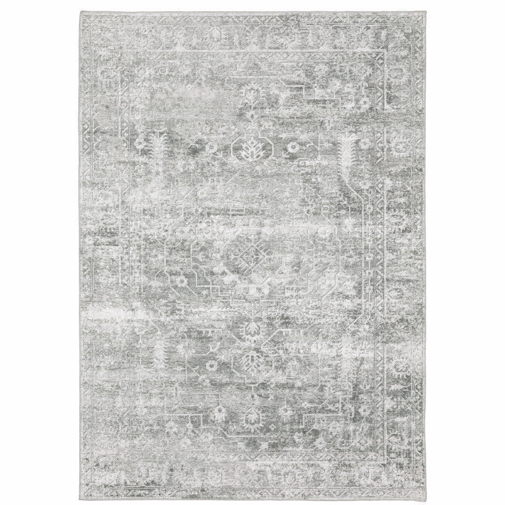 5' X 7' Sage Green Grey Ivory And Silver Oriental Printed Stain Resistant Non Skid Area Rug