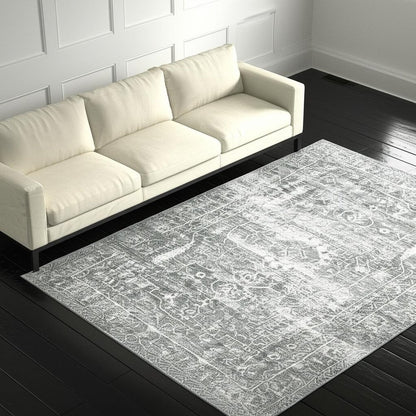 5' X 7' Sage Green Grey Ivory And Silver Oriental Printed Stain Resistant Non Skid Area Rug