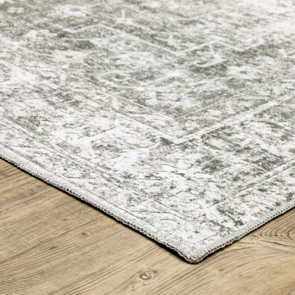 5' X 7' Sage Green Grey Ivory And Silver Oriental Printed Stain Resistant Non Skid Area Rug