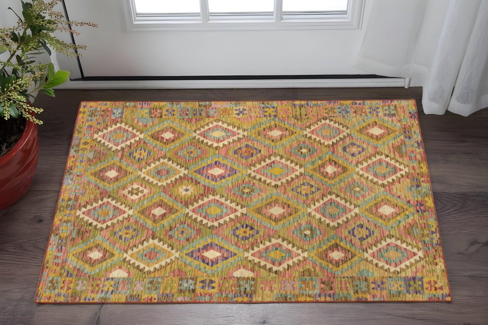 2' X 3' Gold Orange Brown Red Green Purple And Beige Southwestern Printed Stain Resistant Non Skid Area Rug