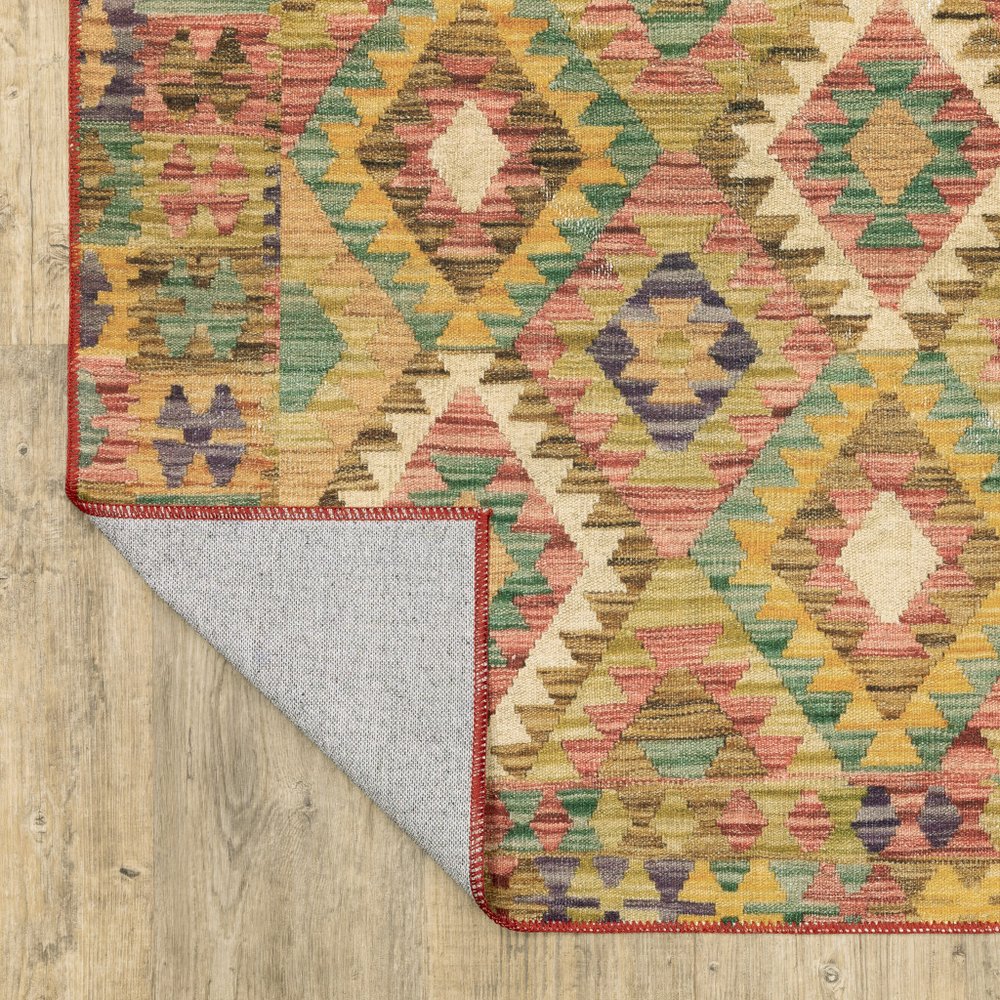 2' X 3' Gold Orange Brown Red Green Purple And Beige Southwestern Printed Stain Resistant Non Skid Area Rug