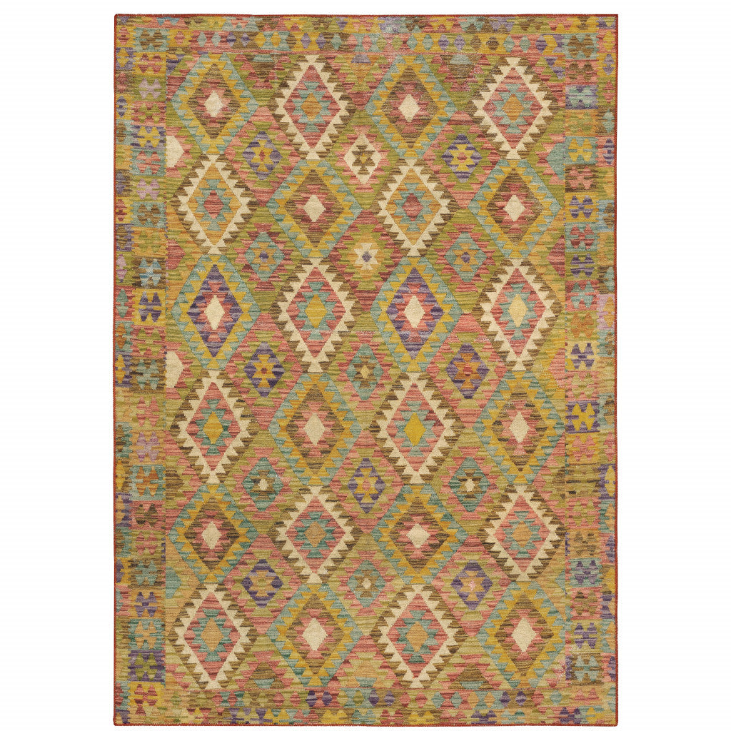 5' X 7' Gold Orange Brown Red Green Purple And Beige Southwestern Printed Stain Resistant Non Skid Area Rug