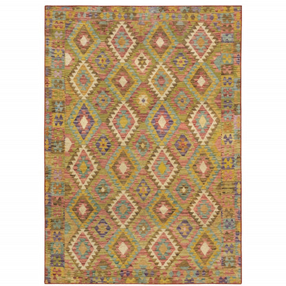 5' X 7' Gold Orange Brown Red Green Purple And Beige Southwestern Printed Stain Resistant Non Skid Area Rug