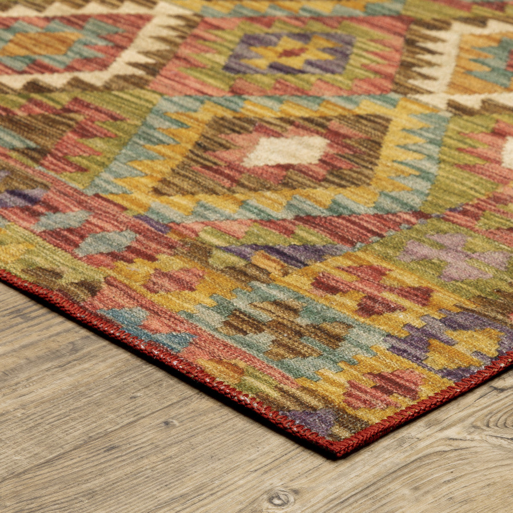 5' X 7' Gold Orange Brown Red Green Purple And Beige Southwestern Printed Stain Resistant Non Skid Area Rug