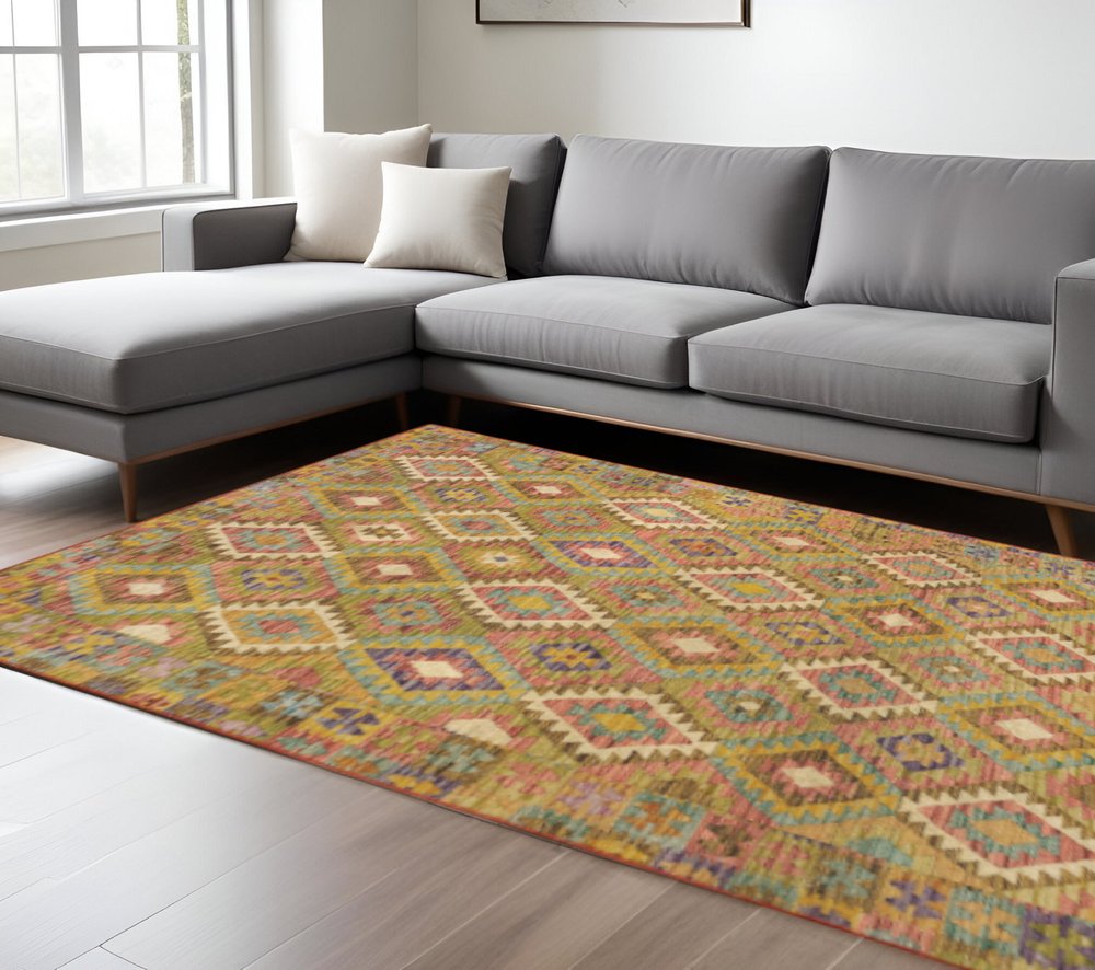 8' X 10' Gold Orange Brown Red Green Purple And Beige Southwestern Printed Stain Resistant Non Skid Area Rug