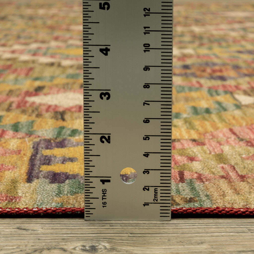 8' X 10' Gold Orange Brown Red Green Purple And Beige Southwestern Printed Stain Resistant Non Skid Area Rug