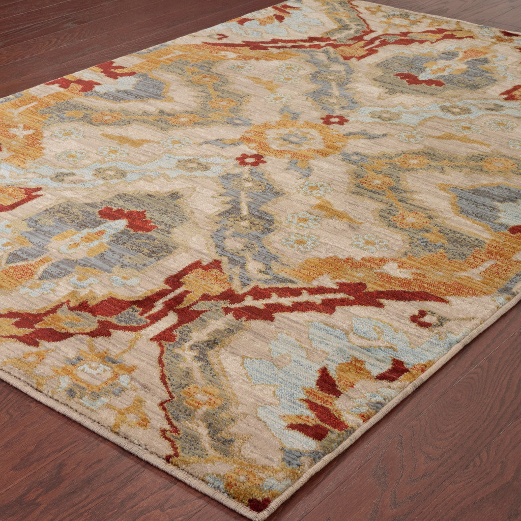 8' X 11' Beige Orange Blue Gold And Grey Abstract Power Loom Stain Resistant Area Rug