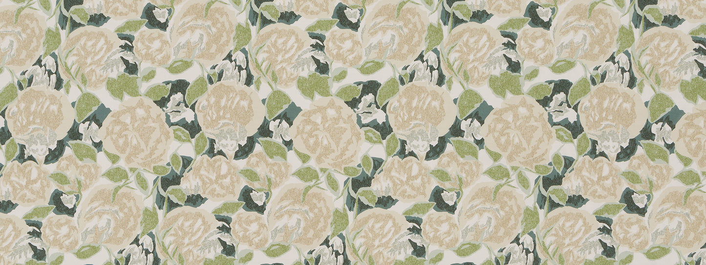 Cream rose botanical repeating print with green leaves on pale beige background; vintage floral fabric or wallpaper pattern.