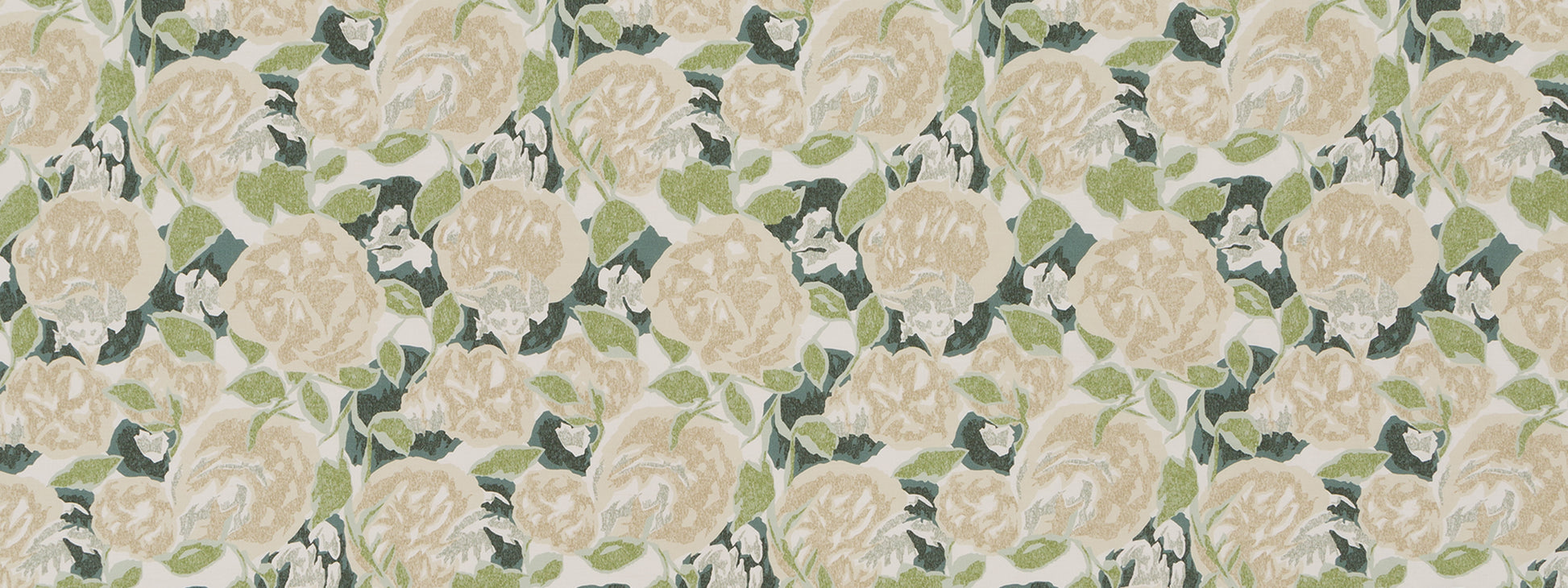 Cream rose botanical repeating print with green leaves on pale beige background; vintage floral fabric or wallpaper pattern.
